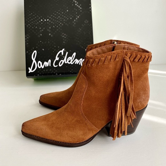 ✨SAM EDELMAN Willice Suede Fringe Heeled Booties Boho - Picture 7 of 12